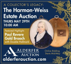 This single-owner auction from the estate of Dr. Sandra Harmon-Weiss and Dr. Richard Weiss reflects a lifetime devoted to scholarship, service, and collecting. Their shared passion for American history and the arts is evident in a collection that includes 18th- and 19th-century antiques, fine silver, and personal and historical objects. A highlight is a gold brooch by Paul Revere, bearing his “PR” hallmark twice—a rare link to the American Revolution. Other items include Revolutionary-era currency, engraved bookplates, Victorian “lover’s eye” miniatures, mourning jewelry and textiles, a flame-stitch purse from 1774, and 17th-century Dutch brass tobacco boxes. Fine jewelry by Cartier and Boucheron adds European elegance. The auction also features Chinese export porcelain and samplers, along with a large selection of coin silver. Period furniture and fine Persian Rugs are also significant portions of this collection. Together, these pieces embody the Weiss’ commitment to preservation and connoisseurship.