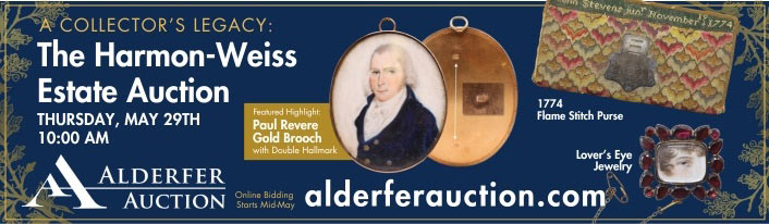 This single-owner auction from the estate of Dr. Sandra Harmon-Weiss and Dr. Richard Weiss reflects a lifetime devoted to scholarship, service, and collecting. Their shared passion for American history and the arts is evident in a collection that includes 18th- and 19th-century antiques, fine silver, and personal and historical objects. A highlight is a gold brooch by Paul Revere, bearing his “PR” hallmark twice—a rare link to the American Revolution. Other items include Revolutionary-era currency, engraved bookplates, Victorian “lover’s eye” miniatures, mourning jewelry and textiles, a flame-stitch purse from 1774, and 17th-century Dutch brass tobacco boxes. Fine jewelry by Cartier and Boucheron adds European elegance. The auction also features Chinese export porcelain and samplers, along with a large selection of coin silver. Period furniture and fine Persian Rugs are also significant portions of this collection. Together, these pieces embody the Weiss’ commitment to preservation and connoisseurship.